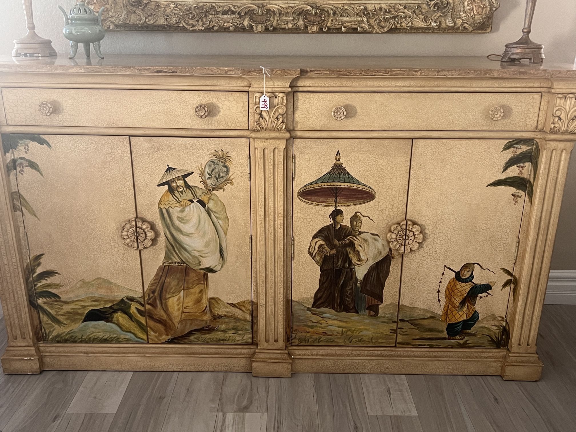 Stunning Credrnza With Slab Marble Top And Beautiful Hand-painted Asian Scene