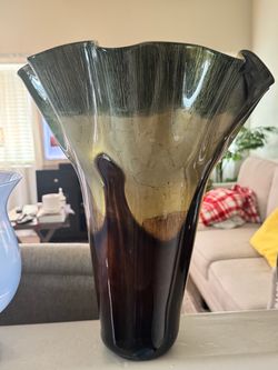 Large Art Glass Vase with Ruffled Rim