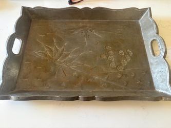 Vintage Hammered Metal Serving Tray with Engraved Floral Design