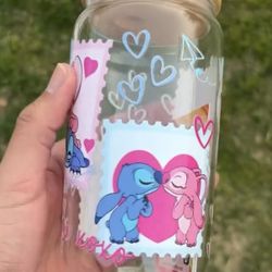 Stitch 16oz Valentines Glass Cup Tumbler 