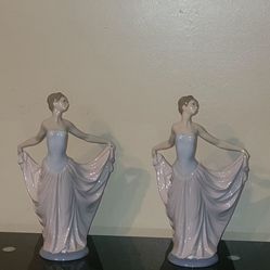 A PAIR OF VINTAGE LLADRO SIGNED DANCING LADIES 12"  FIGURINES one WITH ORIGINAL BOX