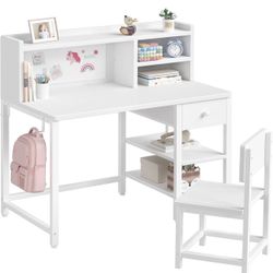 Brand new White Kids Desk and Chair Set for 6-12 Year Old, Children Study Desk with Hutch and Storage Shelf, Student Writing Table with Fabric Drawer 