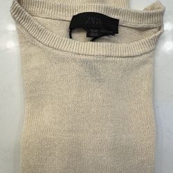 ZARA Tan Gold Shimmer Crew Neck Long Sleeve Light Weight Pullover Sweater
