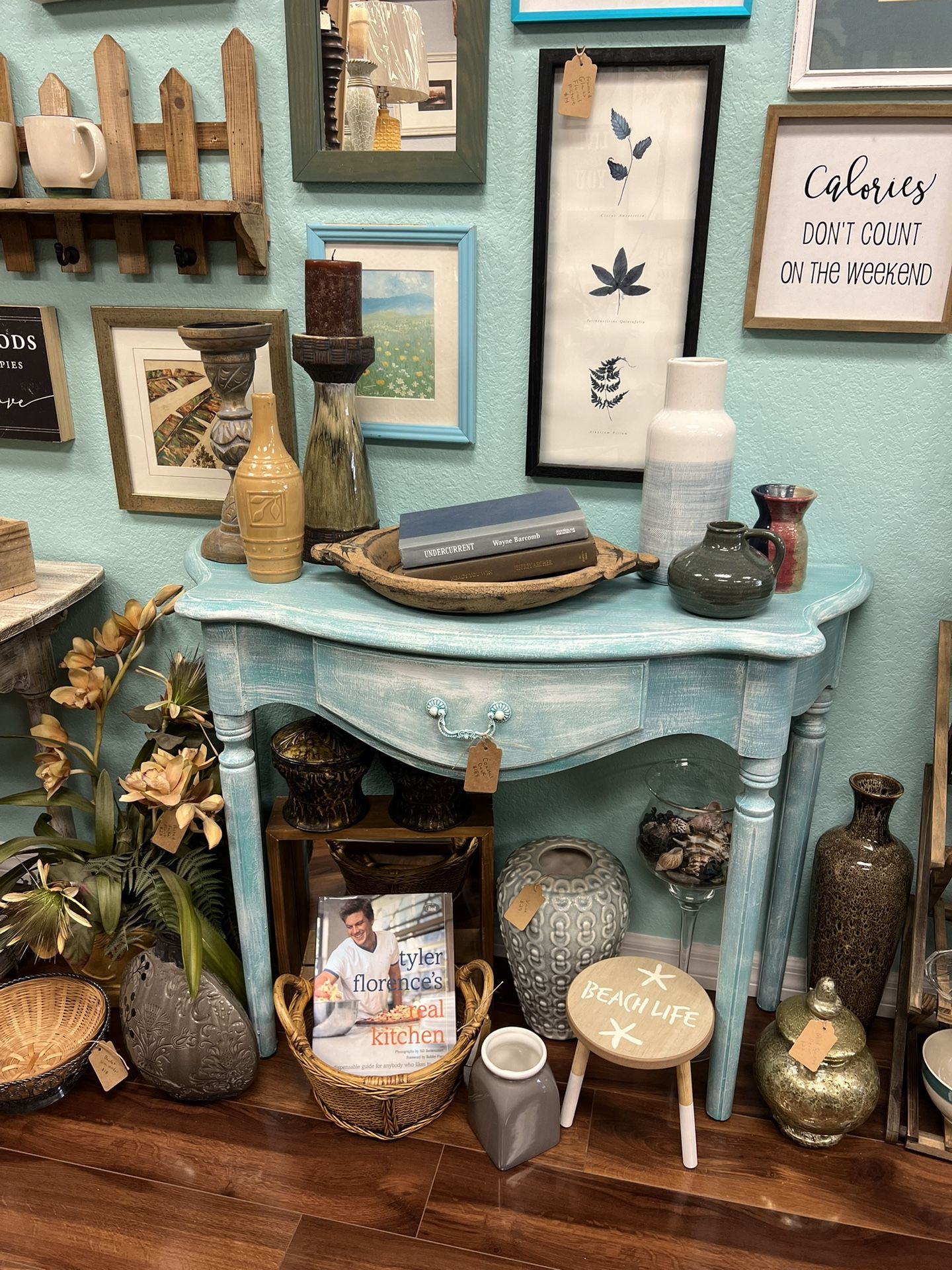 Coastal Nautical Beachy Key West Blue and White Entry Way Table, Desk, TV Console, Vanity