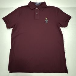Pre Owned Excellent  Polo Bear  Ralph Lauren  Polo Short Sleeve Shirt  Embroidered  Burgundy  Men  Size Small