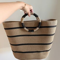 Faux Straw Beach Tote Bag (Khaki/Black)