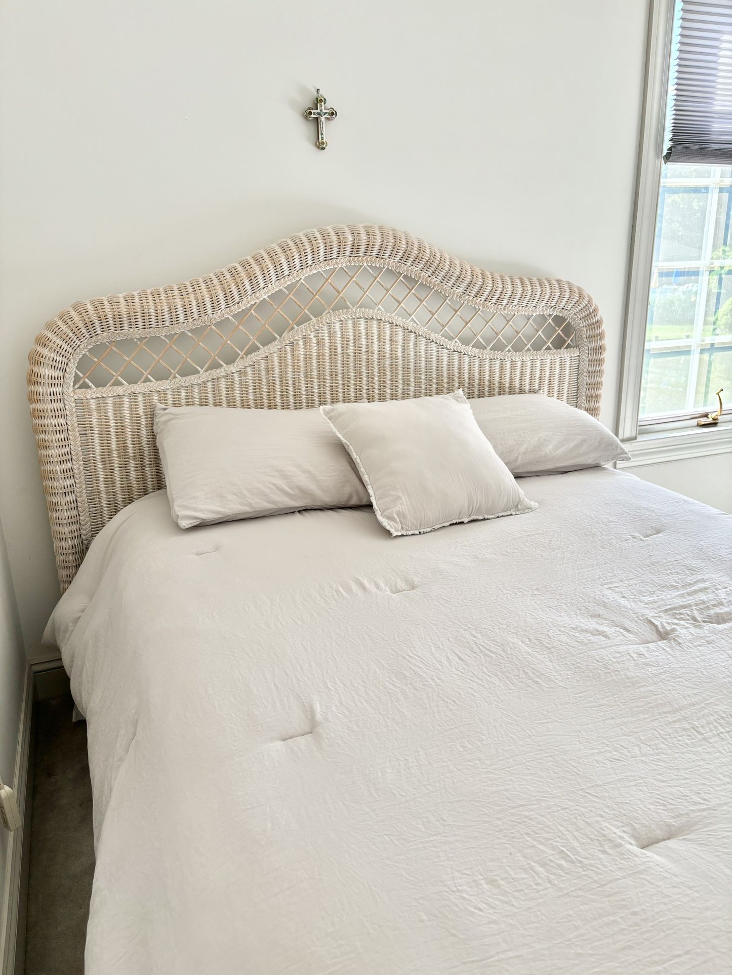 Queen Wicker Headboard, Frame And Box Mattress