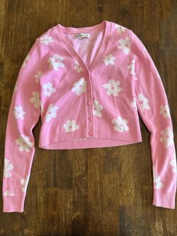 Hollister Womens Cardigan Sweater Size Small Pink White Daisy Floral Crop Knit