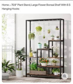 70.9" Plant Stand, Large Flower Bonsai Shelf With 6 S Hanging Hooks