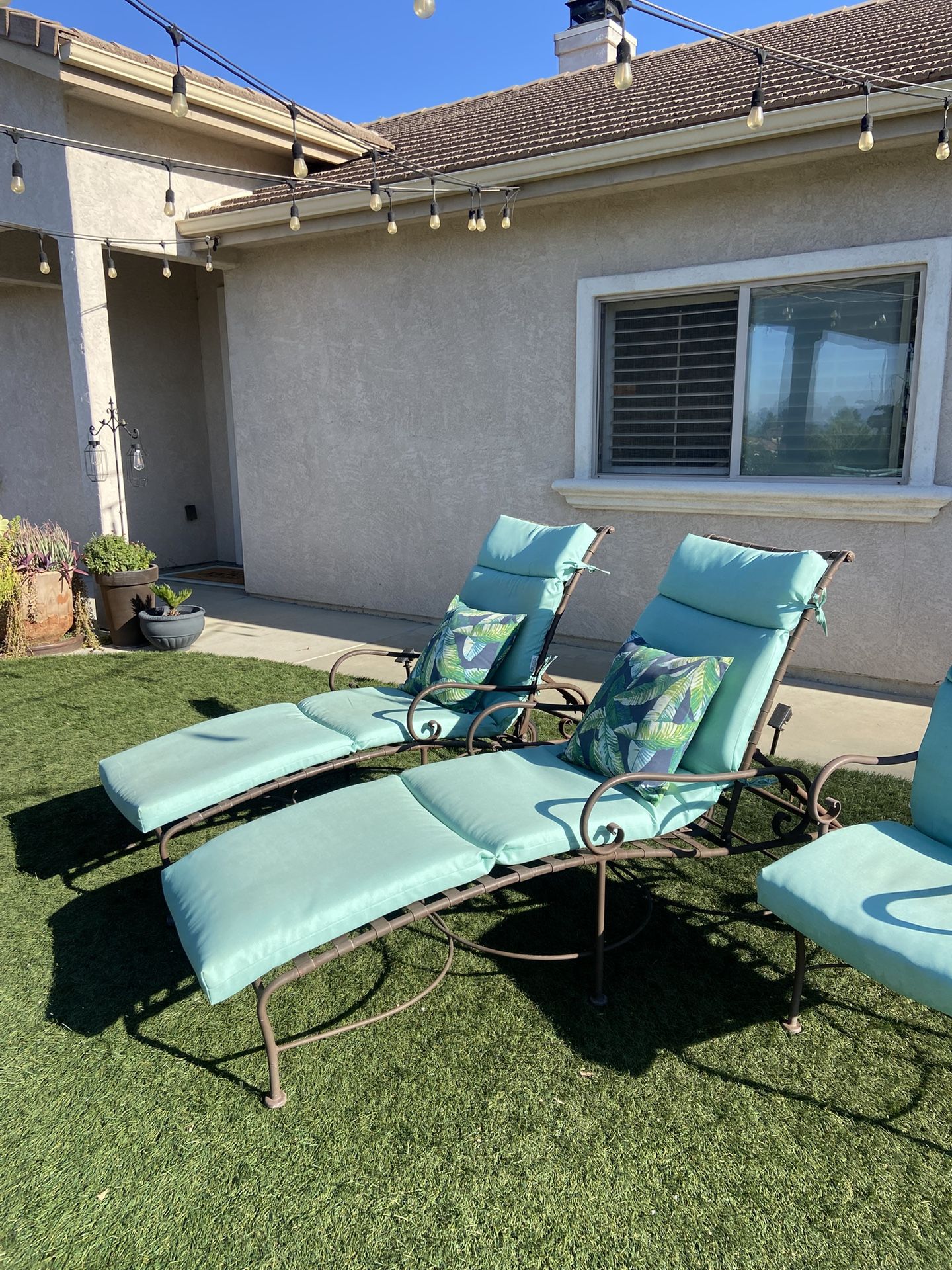 Pair of Wrought Iron Patio Chaise Loungers & Patio Chair