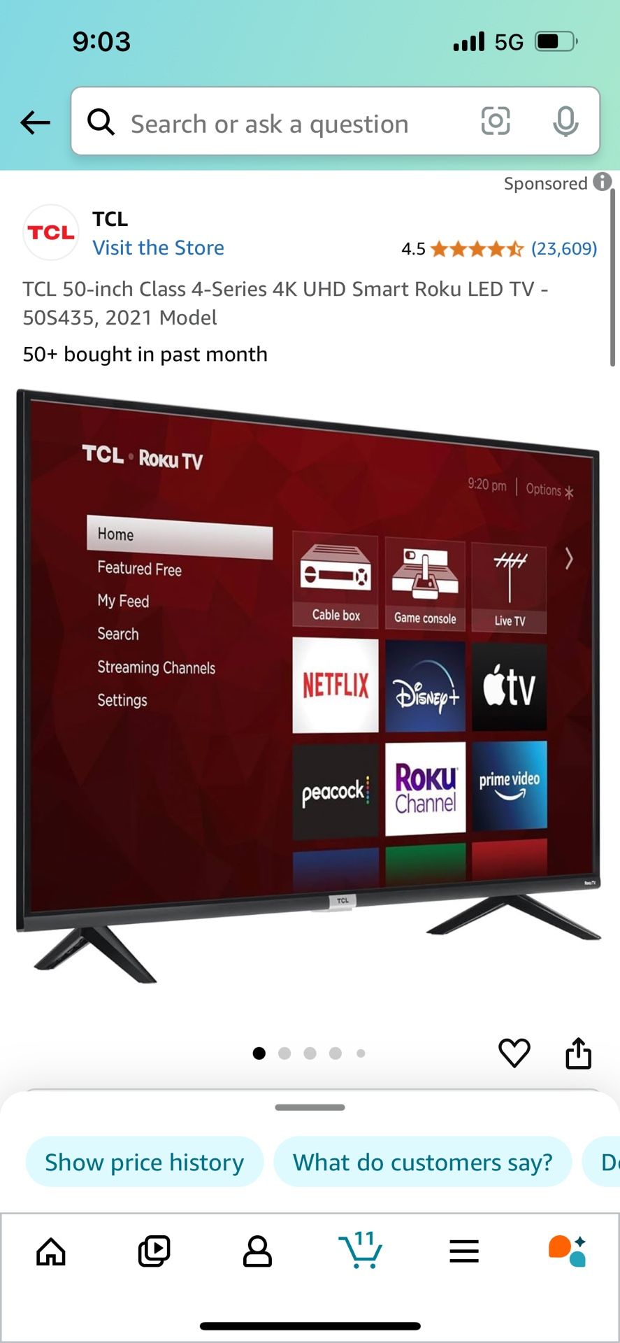 TCL 50” Smart Roku TV