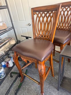 Wooden Bar Stools with Leather Seats – Set of 2