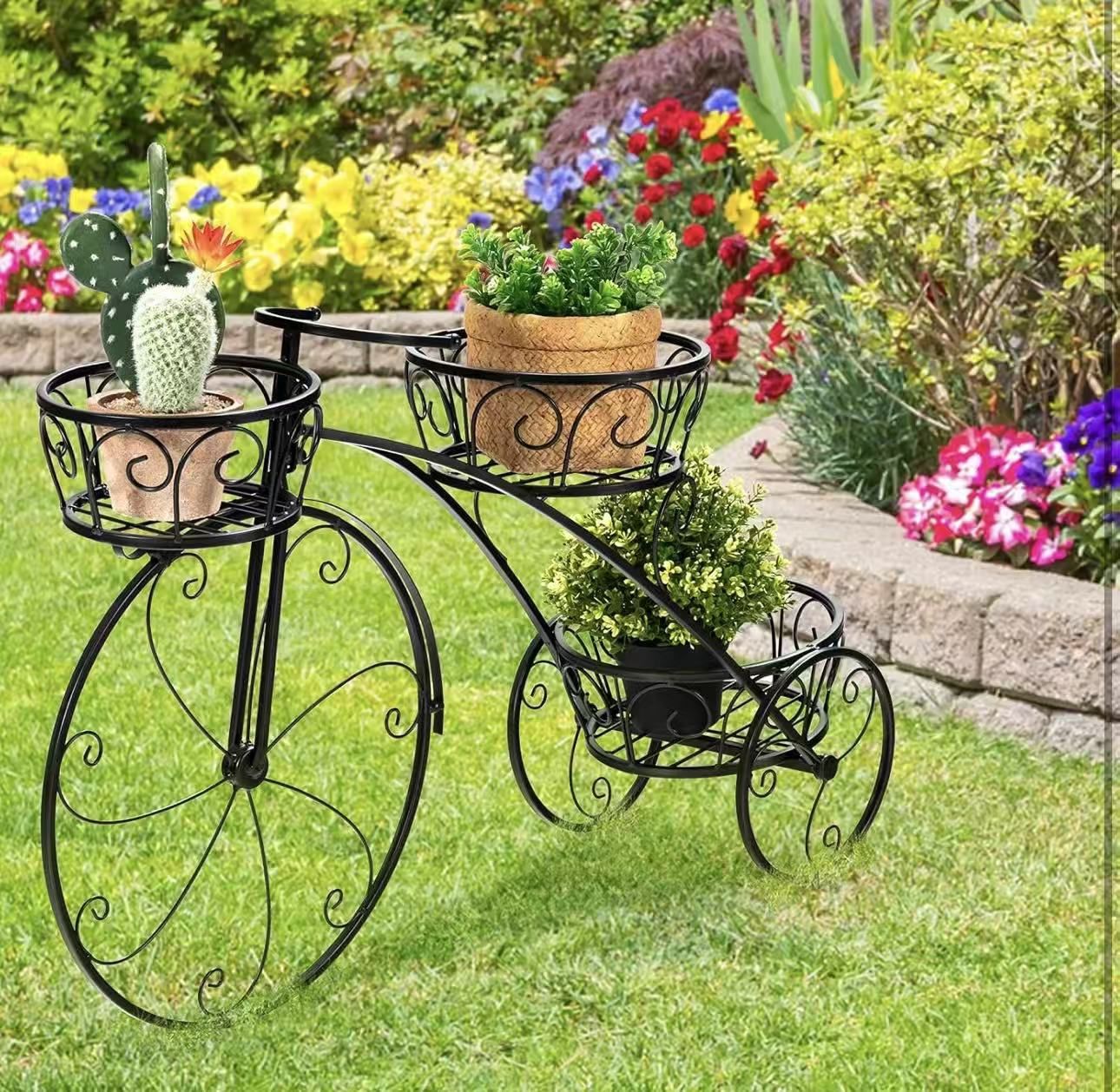 XJJ280-G2 Bicycle Planter, Flower Pot Stand with 3 Decorative Wheels, 3 Collection Baskets, Metal Steel Frame, Tricycle Plant Stand for Outdoor, Indoo