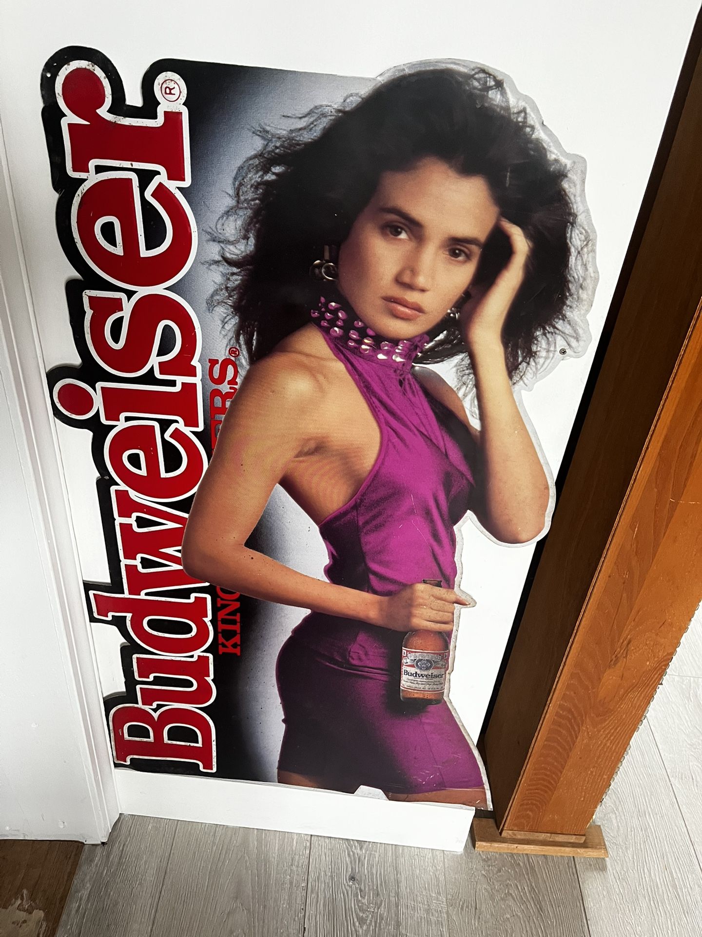 Vintage Budweiser Beer Girl Sign – 1980s Bar Ad
