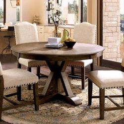 Brand New Rustic Oak & Beige 5pc Formal Dining Table Set 