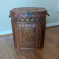Vintage Woven Bamboo/Rattan & Brass Accent Storage Chest Basket
