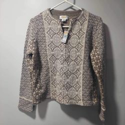 Talbots Soft Tan and Cream 100% Lambswool Full-Zip Cardigan Patterned Sweater Womens Petite Large 