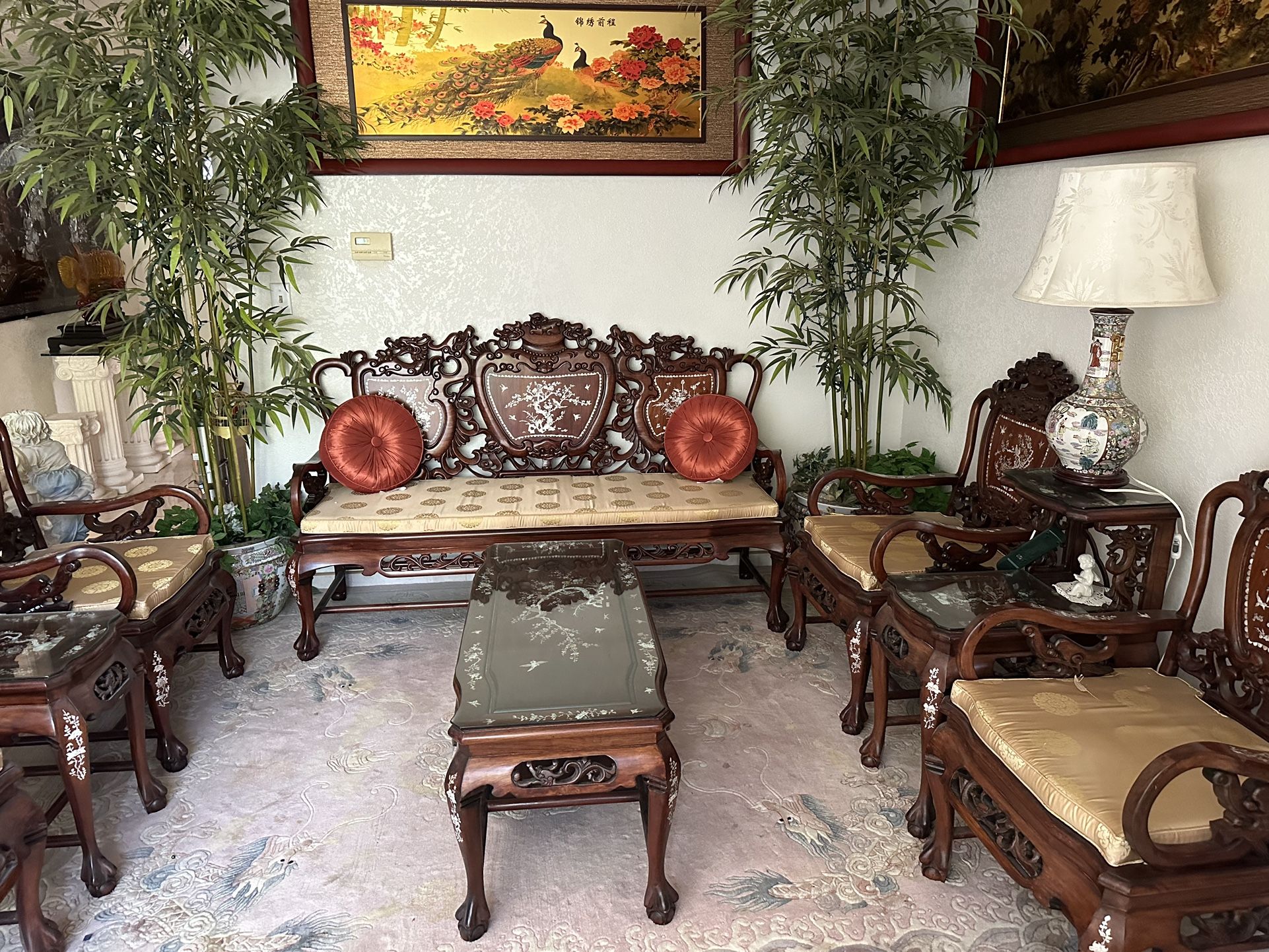 Antique Chinese Carved Rosewood And Mother of Pearls Furniture Set