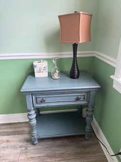 Coastal Farmhouse Blue Side Table – Distressed Wood, Turned Legs