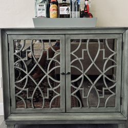 Mirrored Bar Cabinet with Fretwork Doors