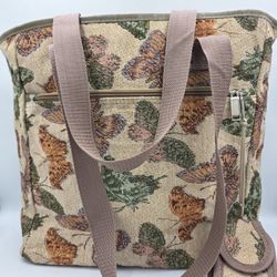 Butterflies Tapestry Tote Bag Purse Cotton Top Nylon Double Handles w/Case 