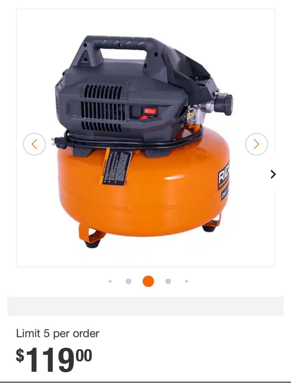 Like New RIDGID6 Gal. 150 PSI Portable Electric Oil-Free Jobsite Pancake Air Compressor with Dual Pressure Gauges and 2-Quick Couplers