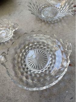 Vintage Pressed Glass Bowl with handles & Handled Serving Tray Set  Beautiful vintage clear pressed glass serving set featuring handled bowl and match