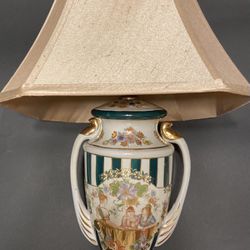 $65-Rare Vintage Hand Painted Emerald Green And Gold Striped Porcelain Lamp / See Our Other Listings 