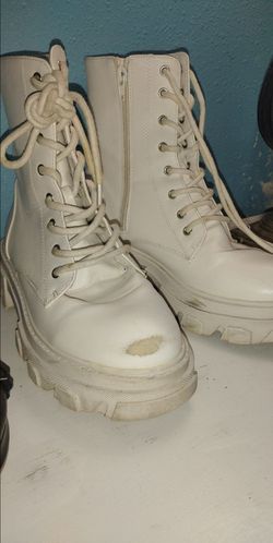 Women's White Platform Combat Boots Size 8 - Lug Sole Lace Up Side Zip