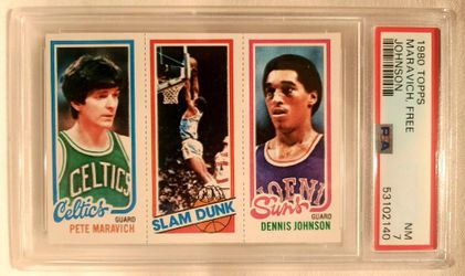 Super Clean PSA 7 1980-81 Topps Basketball Pistol Pete Maravich w/ Lloyd Free & Dennis Johnson - Razor Sharp!