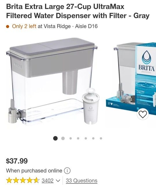 Brita Extra Large 27-Cup UltraMax Filtered Water Dispenser with Filter -  Gray