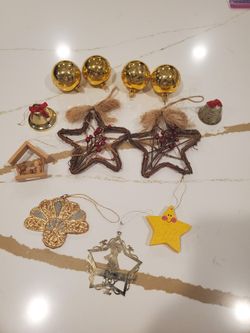 Lot of 12 Vintage Christmas Xmas Tree Ornaments Holiday Decor Star Nativity Set Bells Star Brass