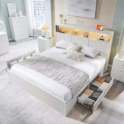 Modern King Bed Frame with Headboard with Lights and Charging Station and 4 Drawers，White