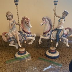 2 Lladro Vintage Porcelain Statue Figurines By Jose Puche Boy Girl Carousel Horses 