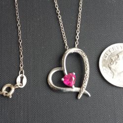 Vintage Sterling Silver 925 Ruby Heart Pendant Necklace Dainty 18 Inch