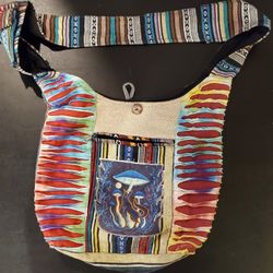 Multicolor Striped Bohemian Hobo Bag with Mushroom Patch - Like New Condition