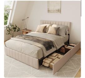 Upholstered Full Bed Frame with 4 Storage Drawers Headboard Adjustable Noise Free Wooden Slats Support No Box Spring Needed - Beige