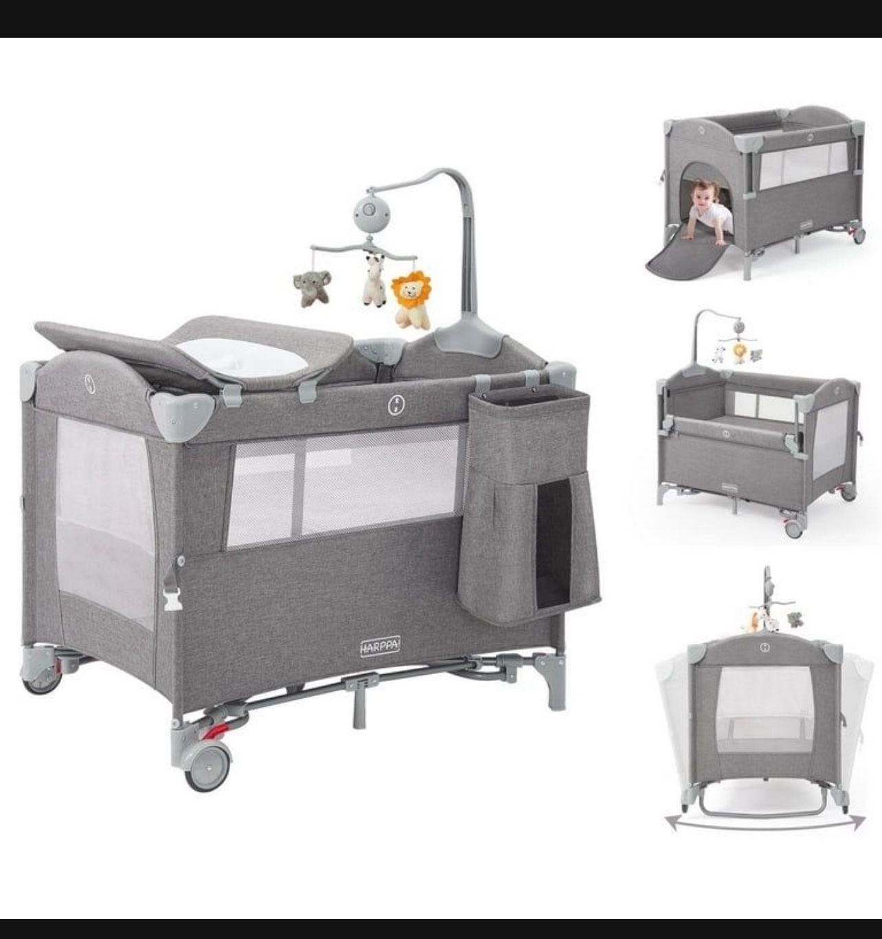 New in a sealed box HARPPA 5 in 1 Portable Playard and Bassinet Bedside Sleeper for Newborn to Toddler, Unisex, Gray(B452)