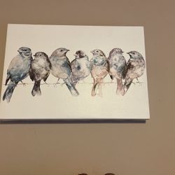 Beautiful, Teal And Brown Painted Canvas, Birds On A Wire