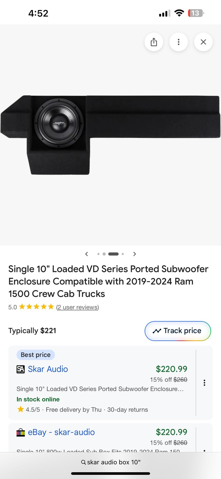 Single 10" Loaded VD Series Ported Subwoofer Enclosure Compatible with 2019-2024 Ram 1500 Crew Cab Trucks