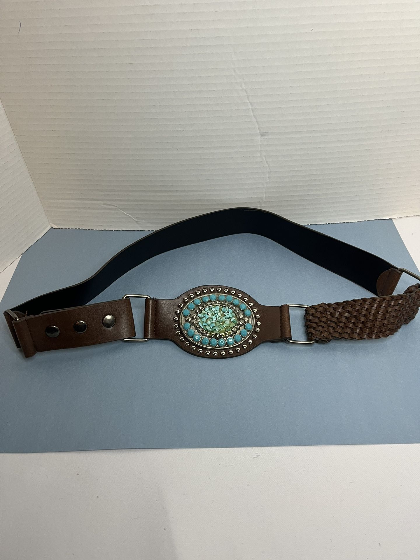 Western Style Brown Colored Belt with Embellished Buckle Simulated Turquoise SIv