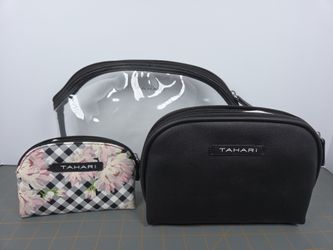 Tahari 3-Piece Travel Trio Cosmetic Case Set Gingham & Floral Print Clear Bag
