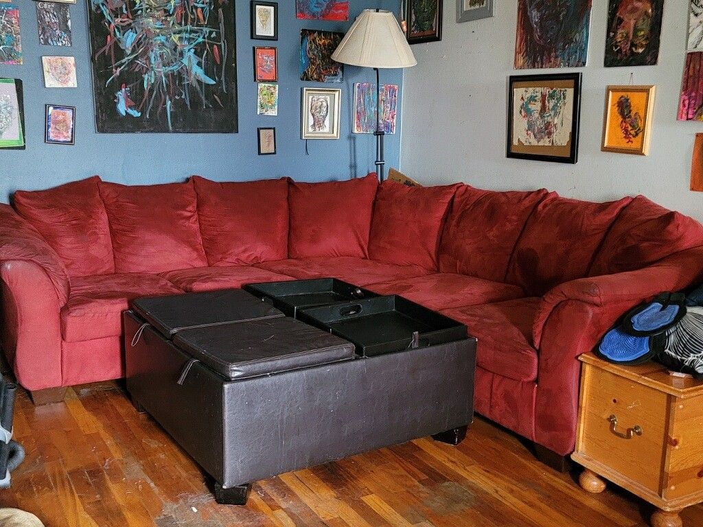 Sectional Couch Red Velvet Suede Leather. Comes With Ottoman With Storage And Trays.  All Free To The First Takers. Going To Need A Truck And Helpers.