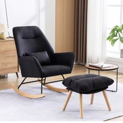 Rocking Chair with Ottoman and Pillow, Glider Rocker Chair, Modern Accent Arm Chair Lounger for Living Room/Bedroom/Nursery, High Back, Solid Hardwood