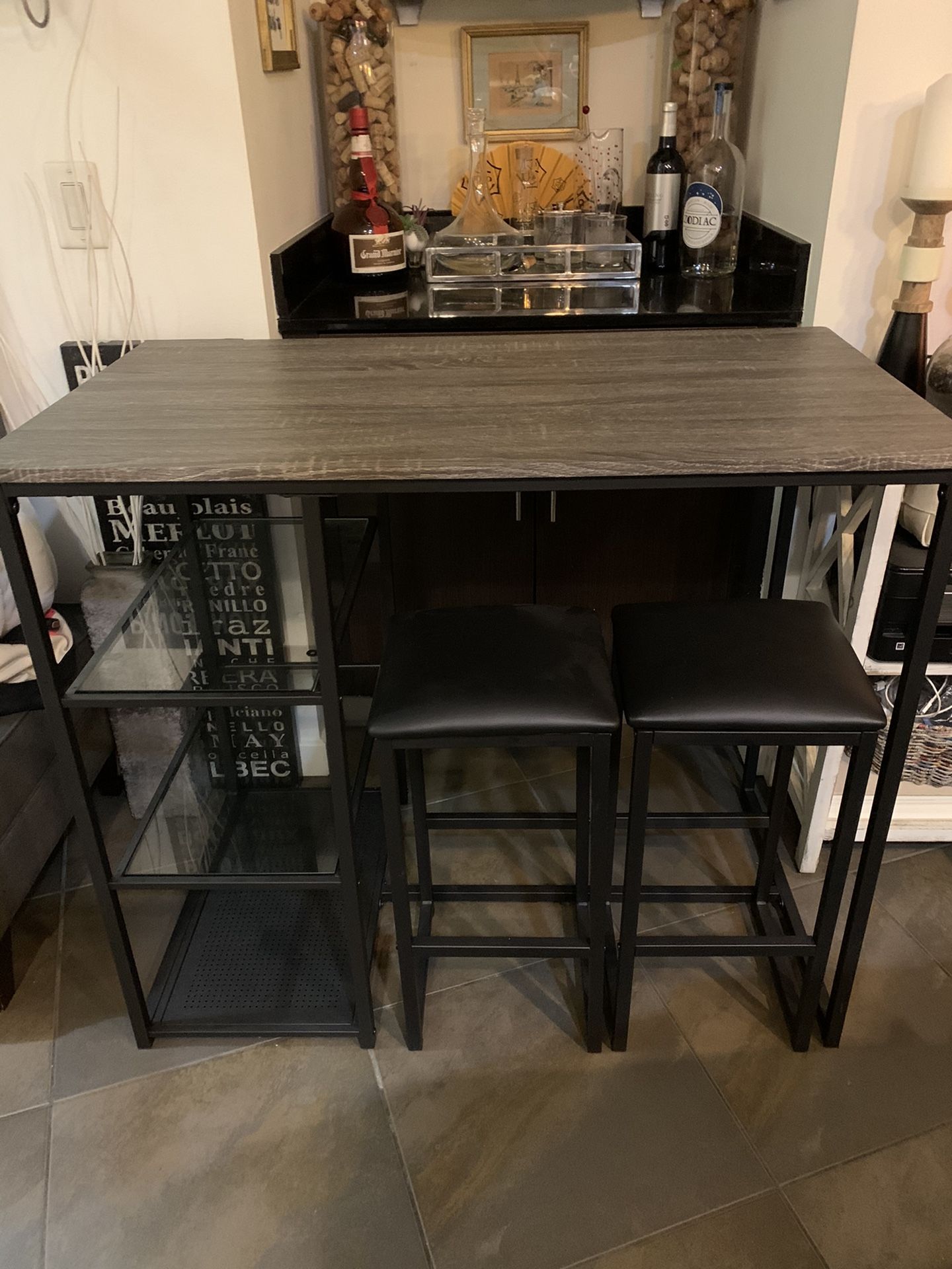 Table Or Desk With Glass Shelves And 2 Benches