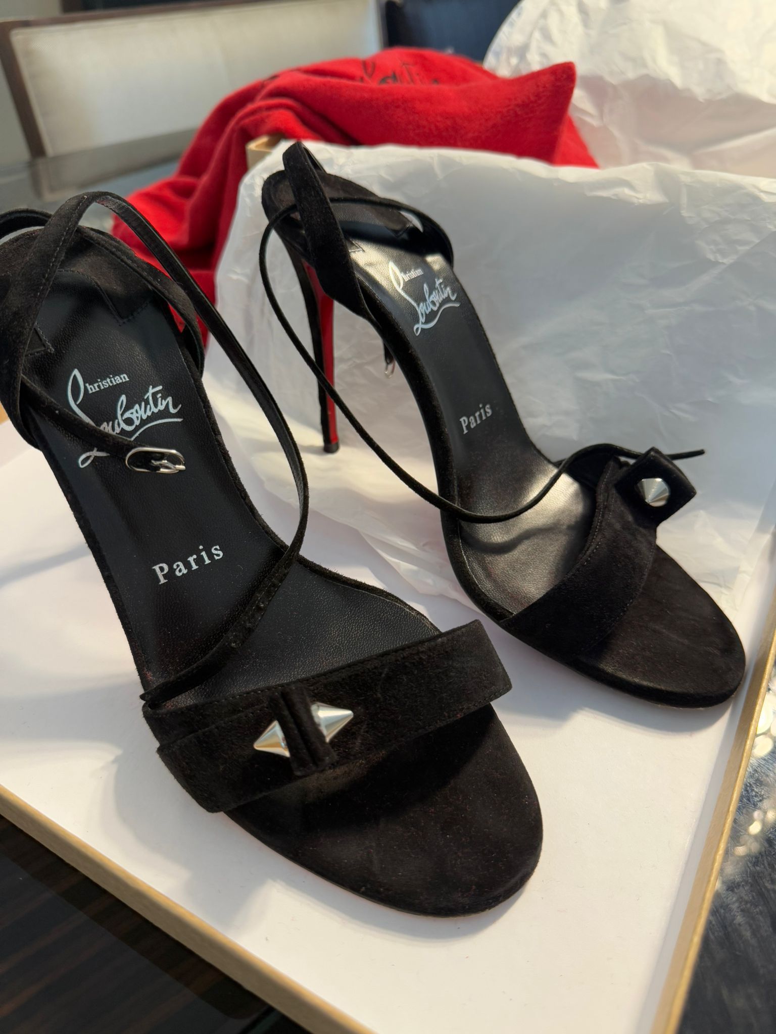 Christian Louboutin Umberta Ankle Strap Suede Sandal Black Sz 9