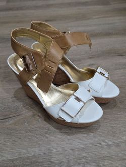 Marc Fisher MFGATT02 Women's 6.5M White Tan Cork Wedge Sandals