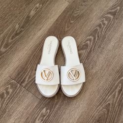 Valentino White Leather Bugola Slide Sandals