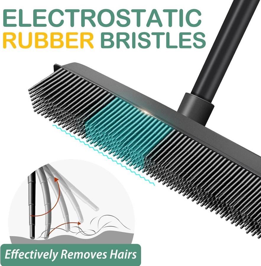 Pet Hair Removal Broom Rubber Broom, Carpet Rake Fur Remover Broom with Squeegee and Telescoping Handle, Portable Lint Remover, Dog and Cat Hair Remov