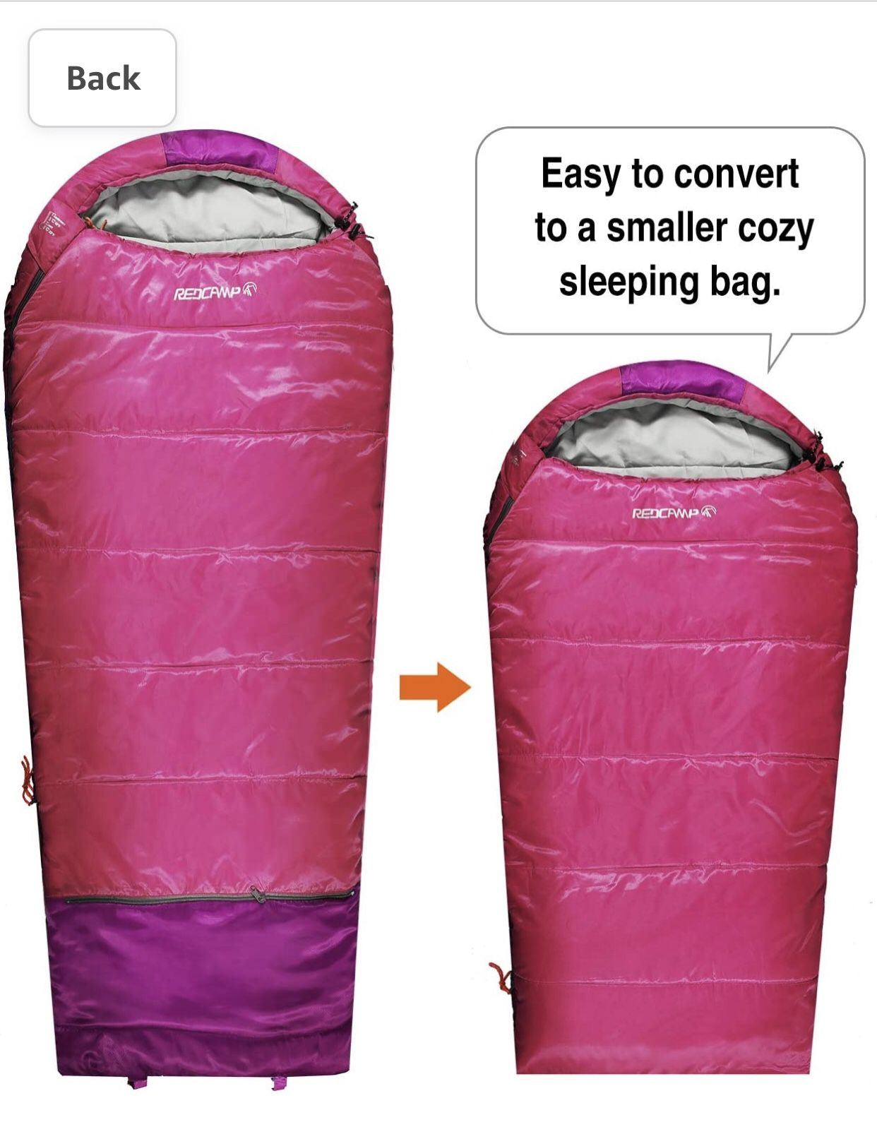 REDCAMP Kids Mummy Sleeping Bag for Camping, 32-40 Degree 3 Season Cold Weather Sleeping Bag Fit Boys,Girls & Teens, Blue/Rose Red